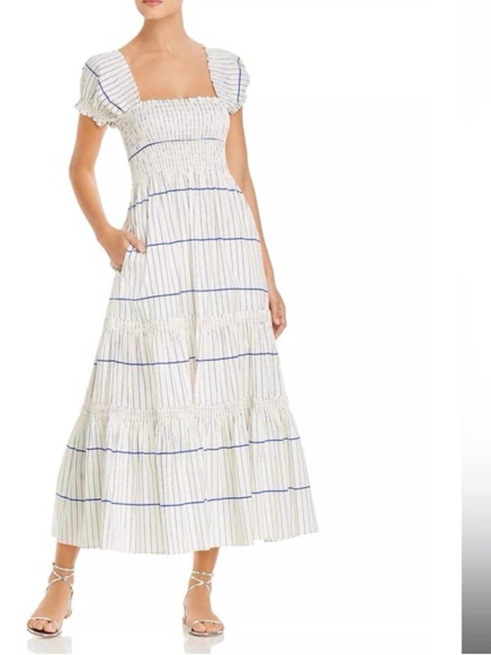 Tory Burch White MIDI Dress with Blue Stripes. XS